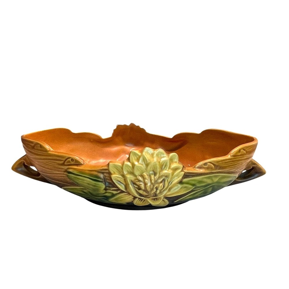 Vintage Roseville Pottery Water‎ Lily Oval Console Bowl Handled Brown 441-10"